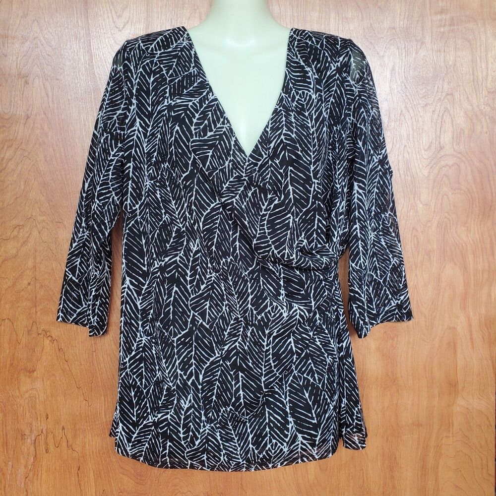 Coldwater Creek Faux Wrap Top Sz XL 16 Black Leaf Print 3/4 Sleeve Lined Mature